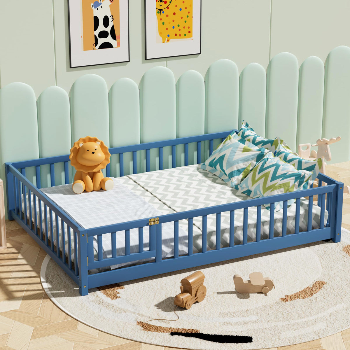 i-POOK Full Size Floor Bed for Children, Solid Wood Montessori Bed Frame with Fence & Door Montessori Floor Bed with Safety Guardrails for Girls and Boys, White (with Bed Slats)