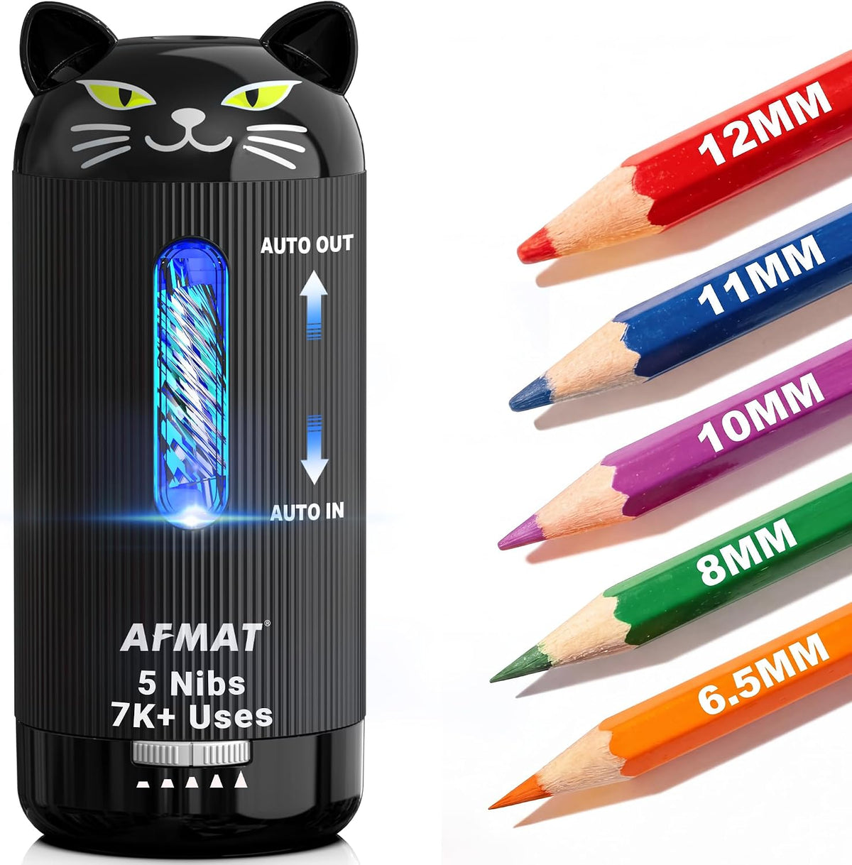 AFMAT PSJ2 Electric Pencil Sharpener, Auto in & Out, 5 Nibs, 7K+ Uses, Fully Automatic Classroom Pencil Sharpener, Rechargeable Hands-Free Sharpeners for Jumbo/Colored Pencils (φ6.5-12mm) PSJ2