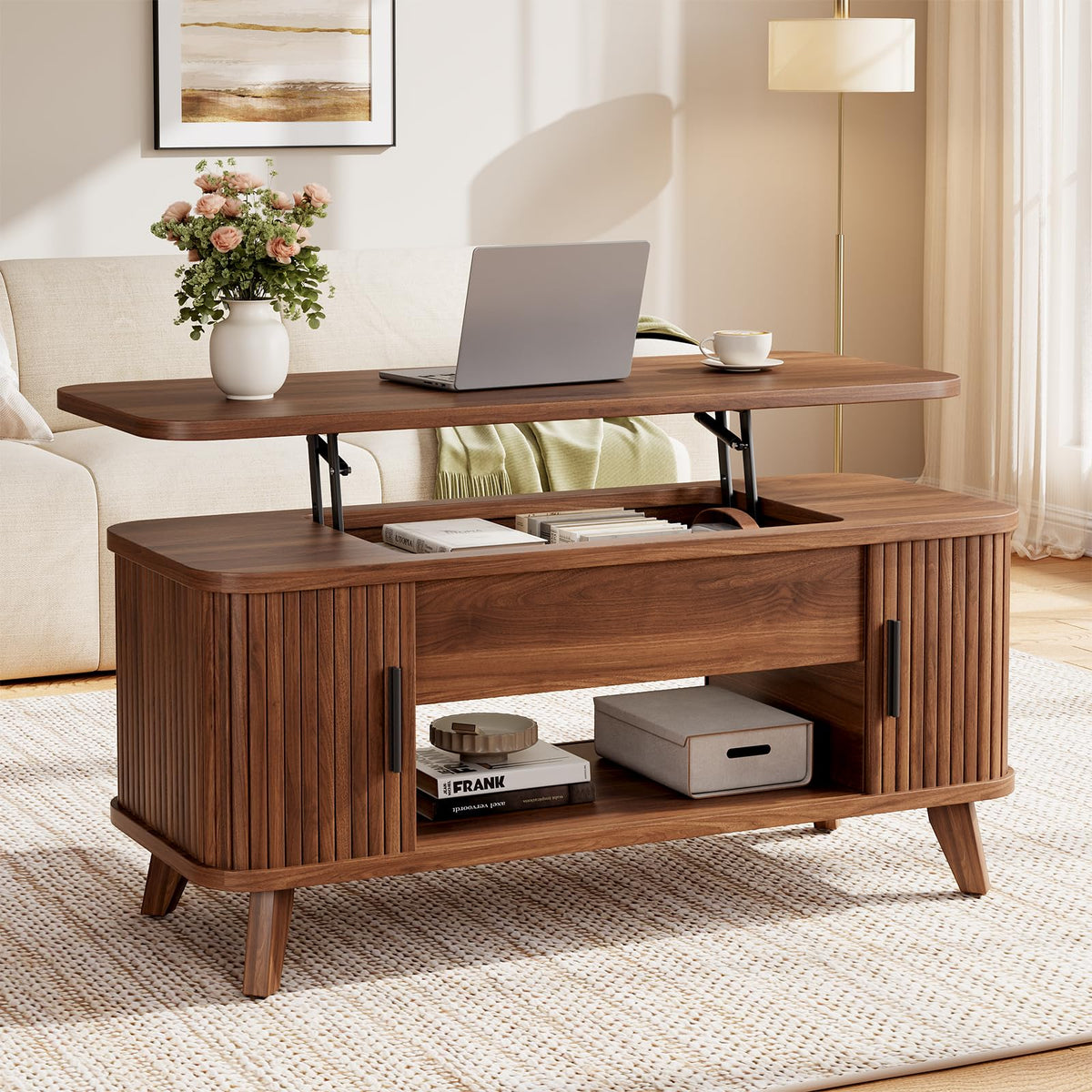 39.4" Mid Century Modern Lift Top Coffee Table, Wooden Fluted Coffee Table with Large Hidden Storage, 360° Curved Sliding Tambour Doors, for Living Room, Home Office, Apartment, Brown