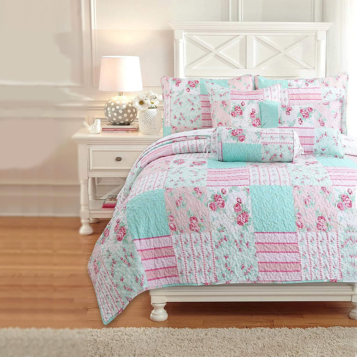Cozy Line Home Fashions Light Pink Blue Flower Bloom Floral Garden Reversible Quilt Bedding Set, Coverlet Bedspread Lightweight for All Seasons (Carlotta, King - 6 Piece)