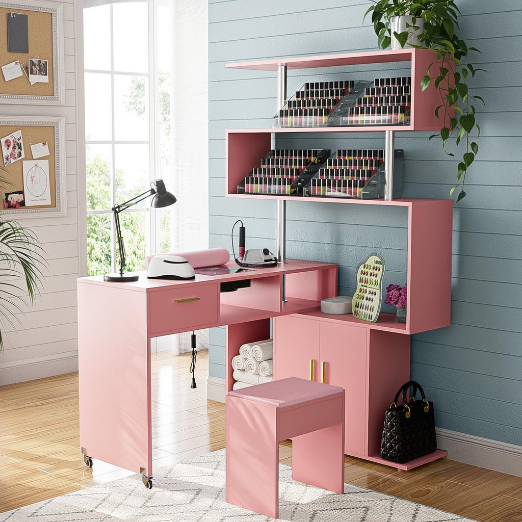 Kikihouse Manicure Table with Dust Collector, L-Shaped Nail Desk with Stool