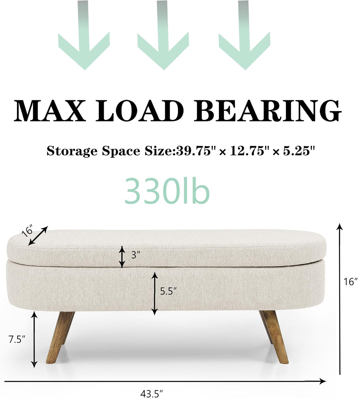 43.5" Ottoman with Storage, Storage Ottoman Bench with Safety Hinge, Bed End Bench, Upholstered Entryway Bench for Bedroom, Living Room & Window, Holds up to 330 lb, Beige