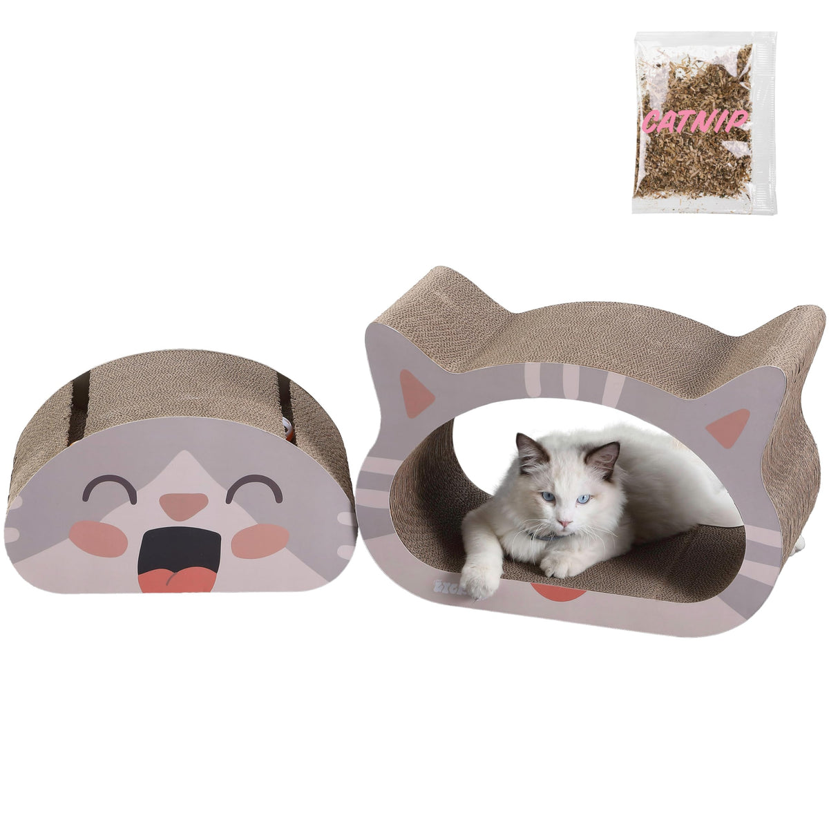 CSR1000B Opal 19" Modern Cardboard Happy Cat Head 2-in-1 Cat Cave Scratcher with Built-in Bell Toys and Catnip, Cream/Peach