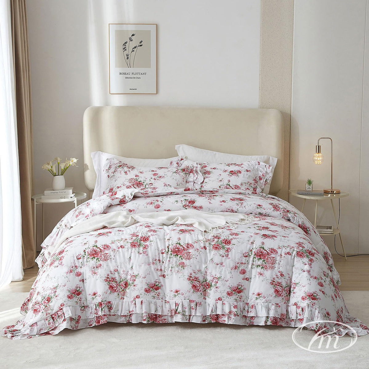 Floral Duvet Cover Set Muslin Cotton Queen(90"x90"),Pink Flower