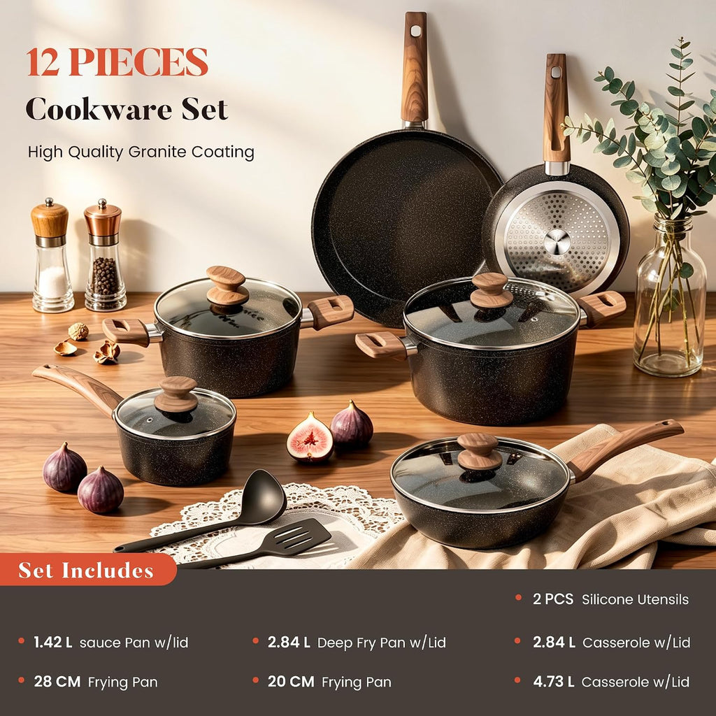 Kitchen Academy 12Pcs Induction Pots and Pans Set Non Stick, Black Cookware
