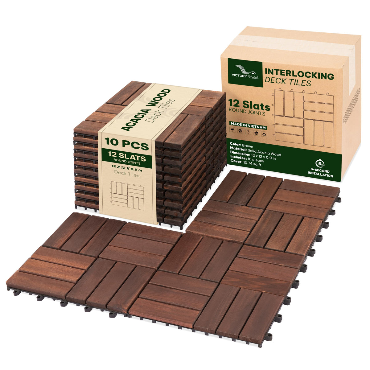 Acacia Interlocking Deck Tiles, 27 PCS Wood Flooring, 12 Slats, Walnut