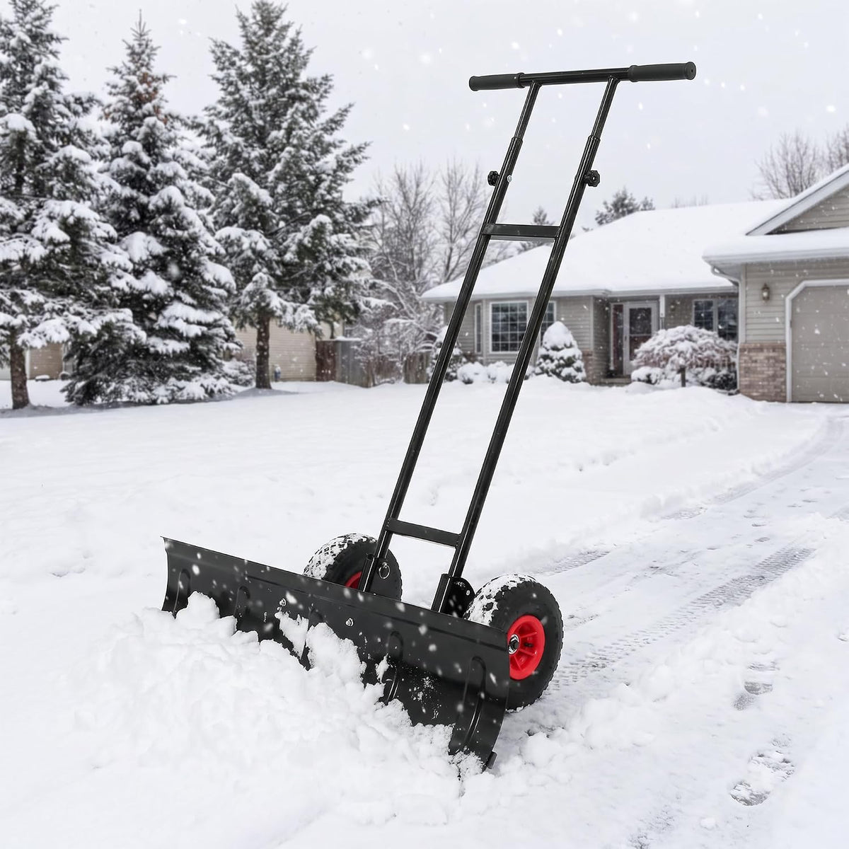 36 Inch Snow Shovel with Wheels, Heavy Duty Metal Snow Pusher Plow, Adjustable Height Handle, Wheeled Snow Removal Tool for Driveway, Sidewalk, Yard, Commercial Use