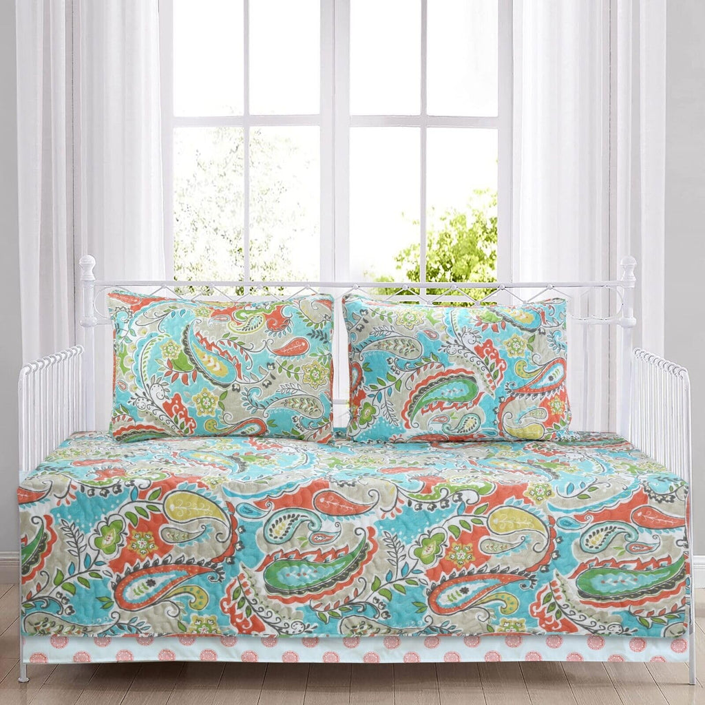 Cozy Line Home Fashions Turquoise Blue Coral Floral Leaf Reversible Quilt Bedding Set, Coverlet Bedspread Lightweight for All Seasons (Mirage Paisley, King - 6 Piece)