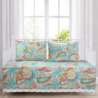 Cozy Line Home Fashions Turquoise Blue Coral Floral Leaf Reversible Quilt Bedding Set, Coverlet Bedspread Lightweight for All Seasons (Mirage Paisley, King - 6 Piece)