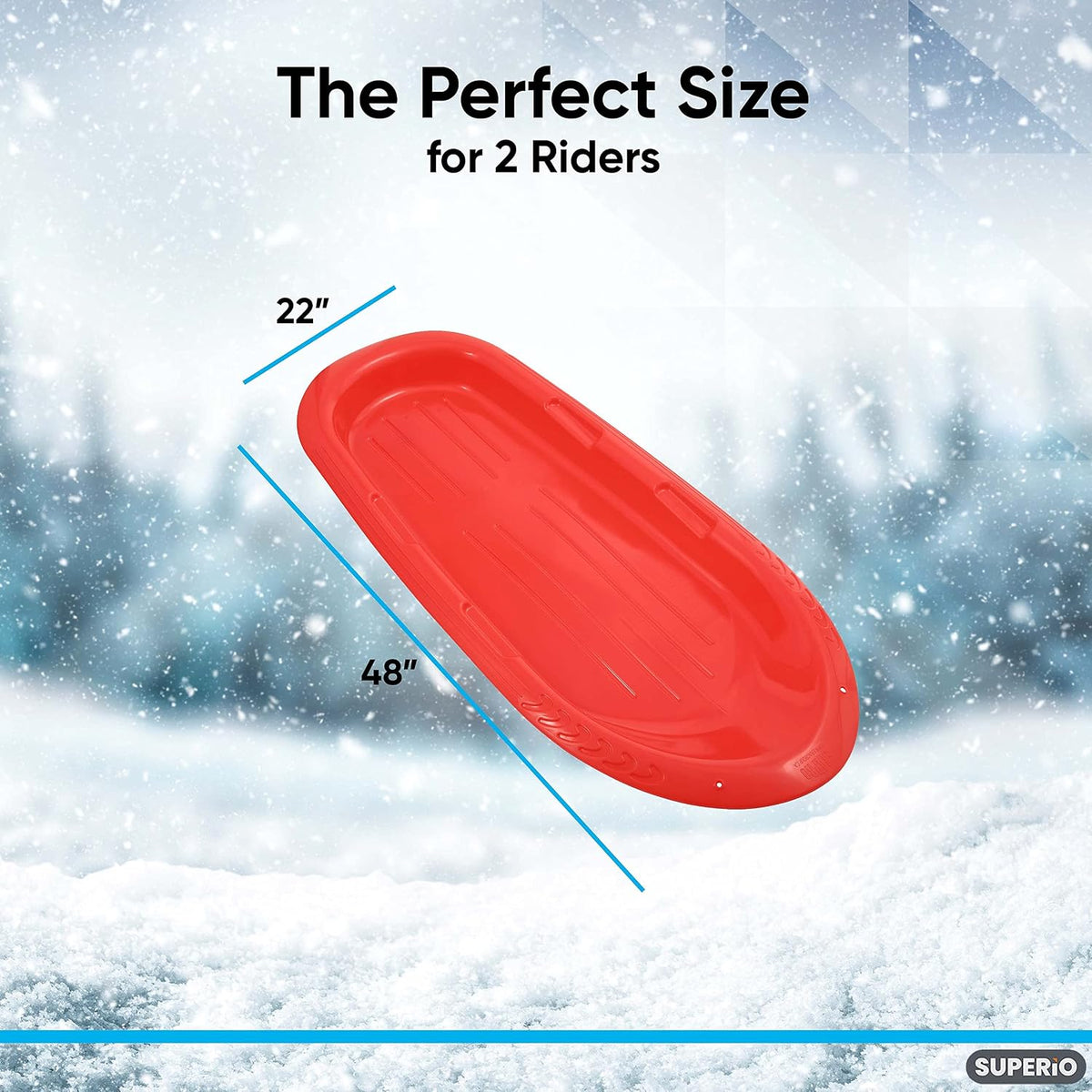 Superio Toboggan Snow Sleds for Kids and Adults, 2 Pack Heavy Duty Plastic Sliders with Handles and Hole for Pull Ropes- Kid and Adult Winter Fun
