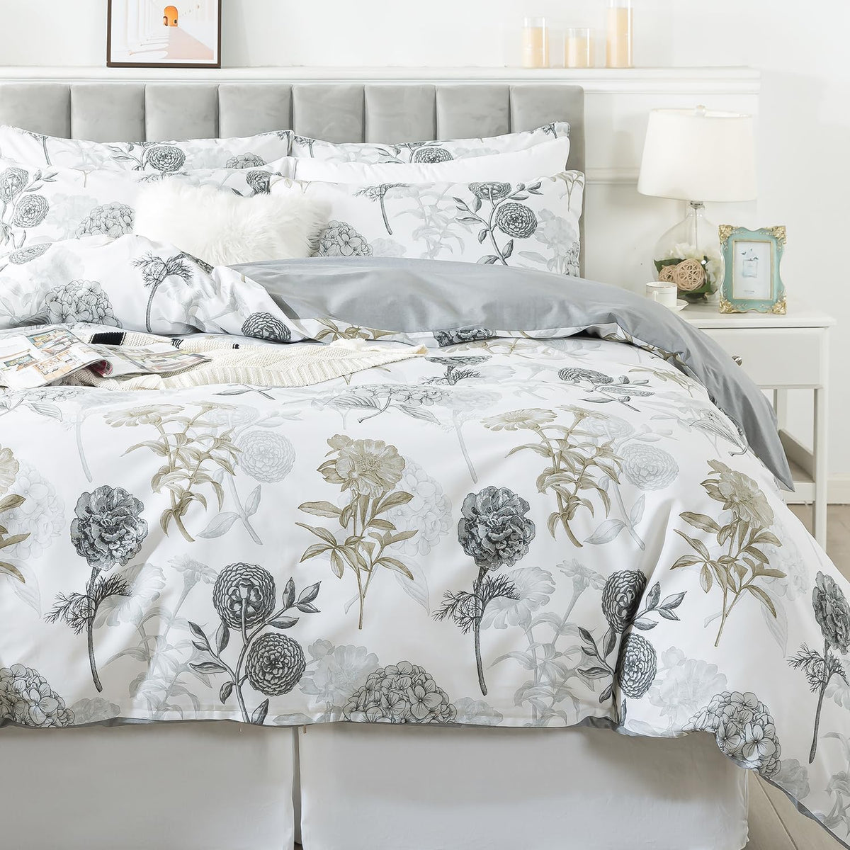 FADFAY Floral Duvet Cover Set 100% Cotton Green Striped and Beige Bedding White Flower Branches Print 600 TC Soft Reversible Zipper Bed Cover & 2 Pillowcases,King/Cal King(106x92)