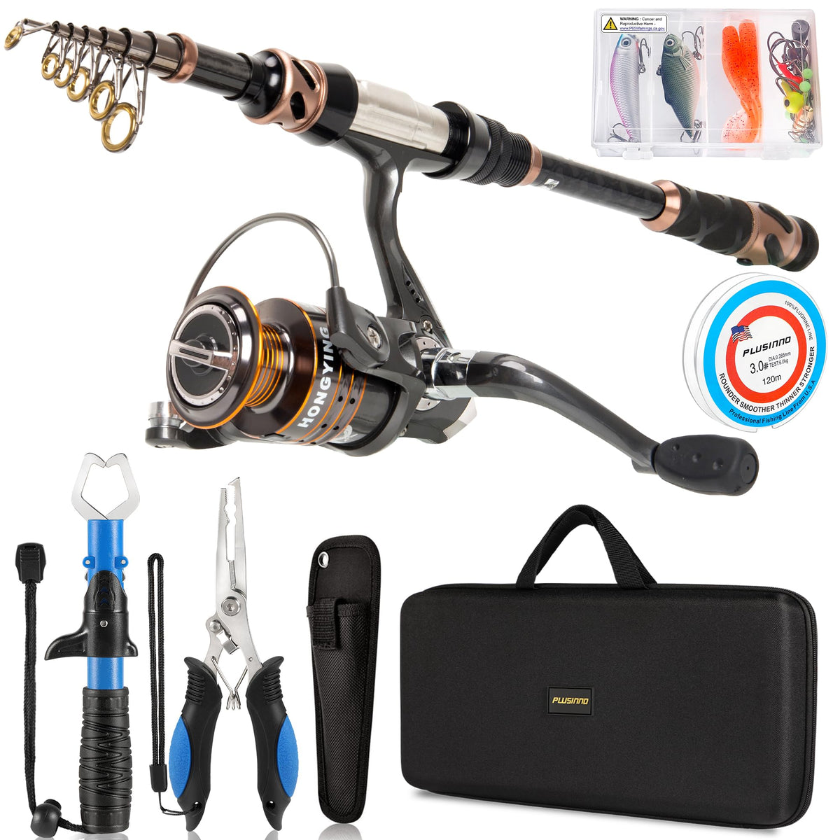 PLUSINNO Fishing Rod and Reel Combos - Carbon Fiber Telescopic Fishing Pole - Spinning Reel 12 +1 Shielded Bearings Stainless Steel BB