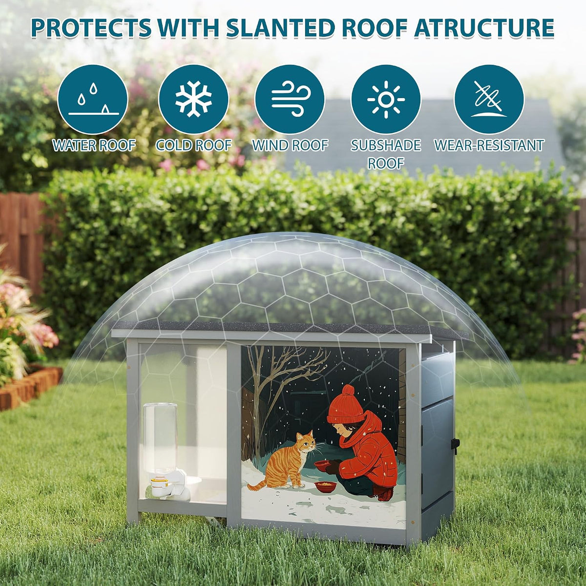 COZIWOW Weatherproof Outdoor Cat Feeding Station with Step-On Lid - 11L Capacity, All-Weather Asphalt Roof & Built-in Water Bottle for Stray Cats (Grey)