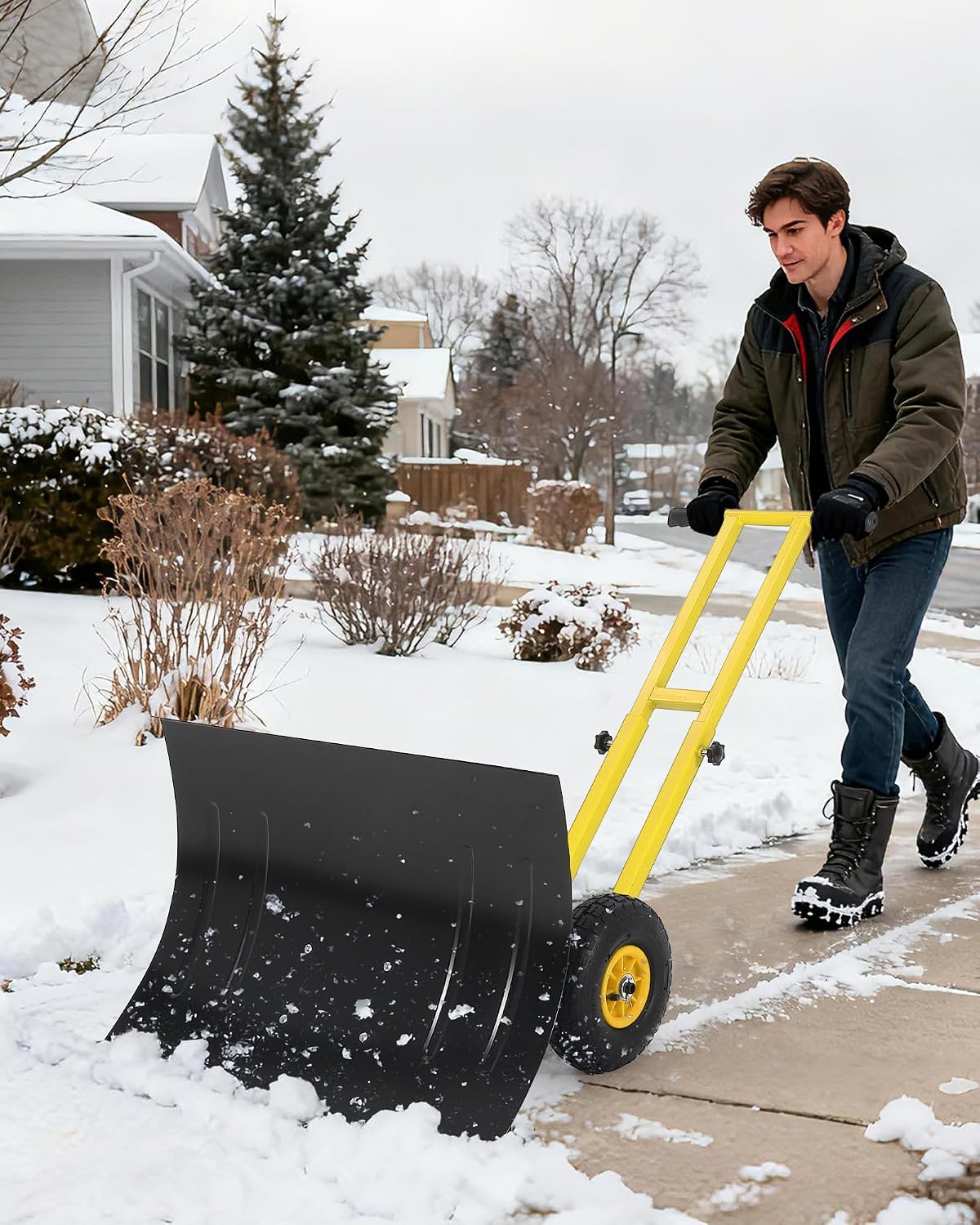 Snow Shovel with Wheels for Driveway, 29" W X 19.8" H Heavy Duty Double Rod