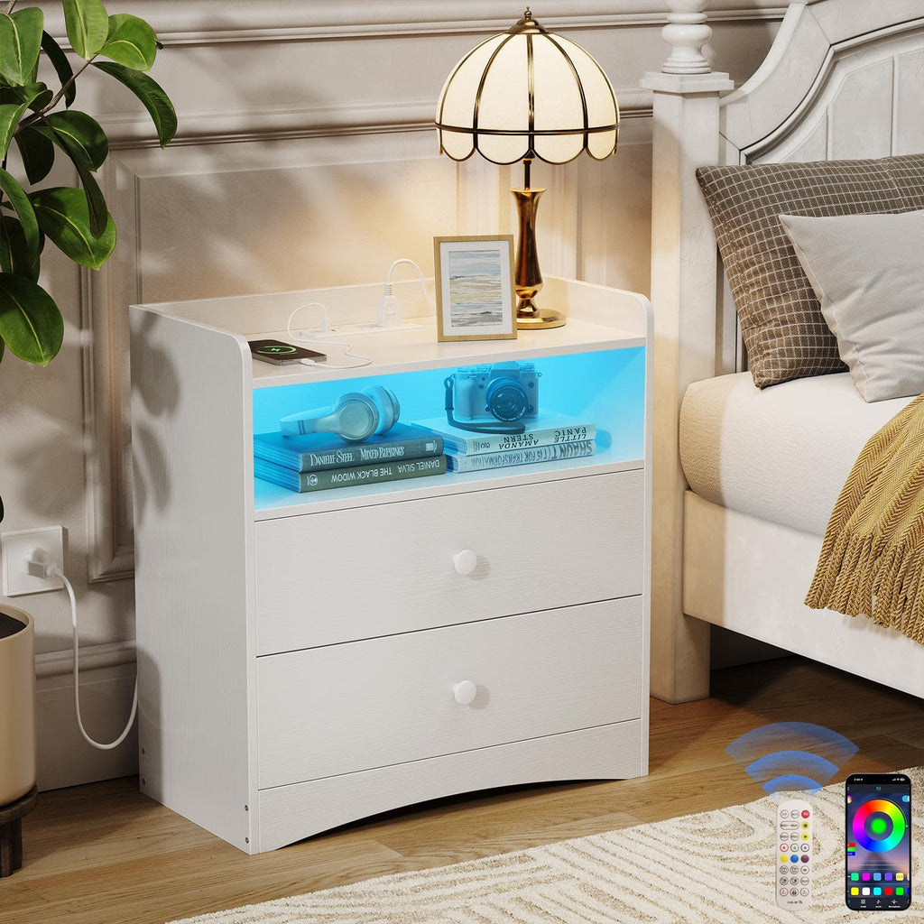 Memobarco Nightstand with Charging Station and LED Light, Black