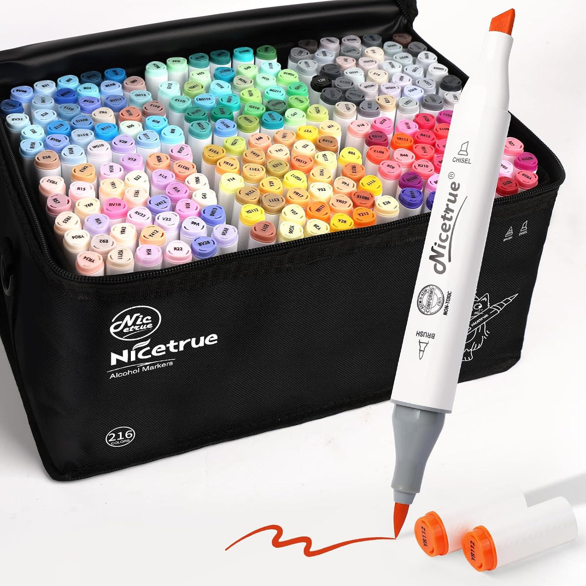 216 Colors Alcohol Markers, Brush & Chisel Dual Tip Marker Set