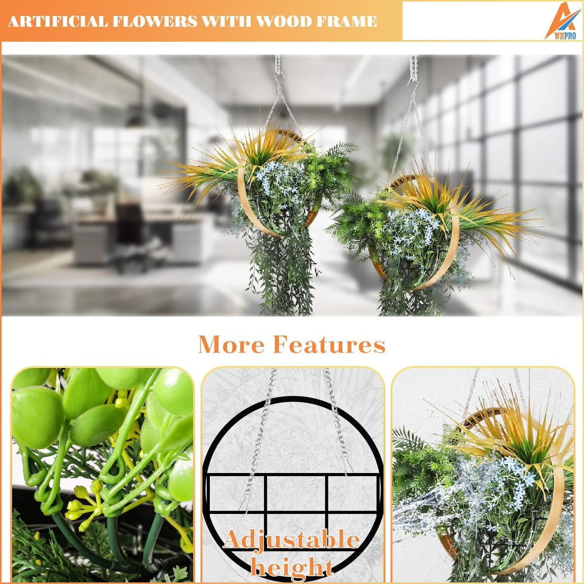 7PCS Artificial Plant Hanging Pot with Lanyard for Indoor and Outdoor Wall Decoration (Green Orange)