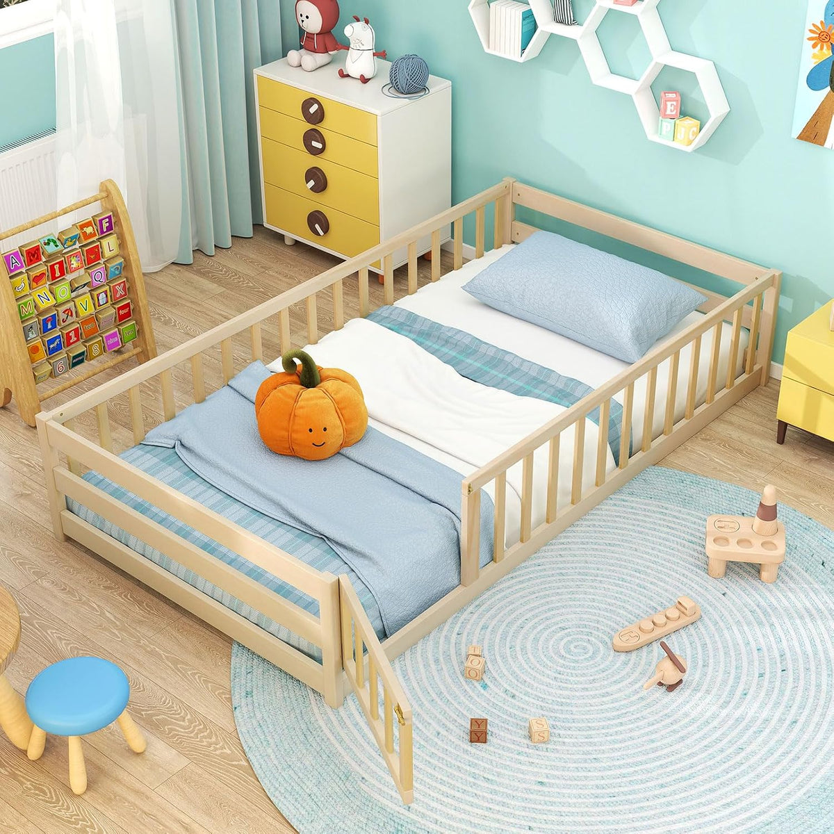 Giantex Twin Floor Bed with Fence for Kids, Wooden Montessori Bed Frame with Lockable Door & Guardrails, Low Floor Beds for Kids, Boys, Girls, No Box Spring Needed, Without Wood Slats, Natural