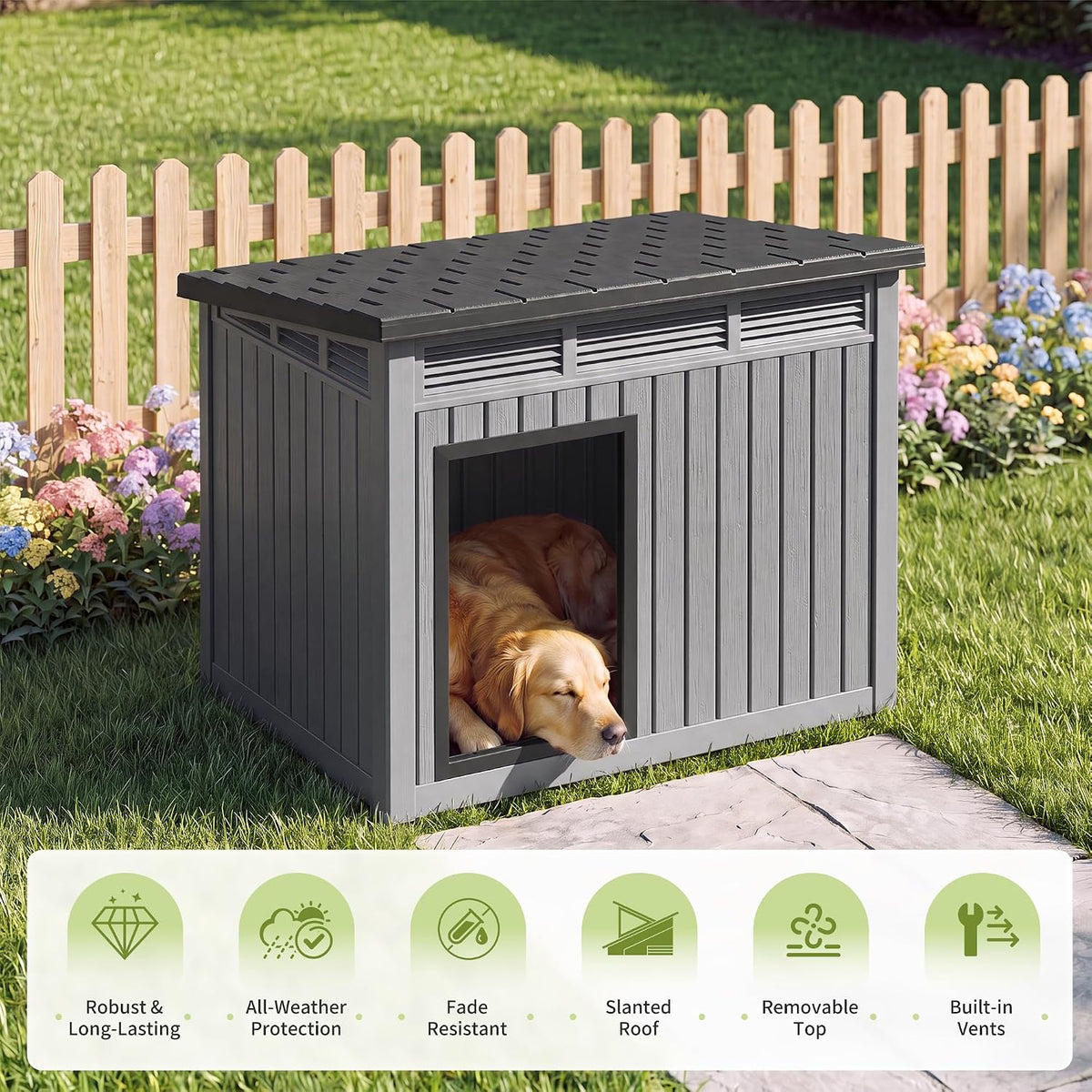 Fancyango Outdoor Dog House for Large Dogs, Outside Dog House with Weatherproof Roof, XL Dog House (Classic Grey, 43" L x 33" W x 32" H)