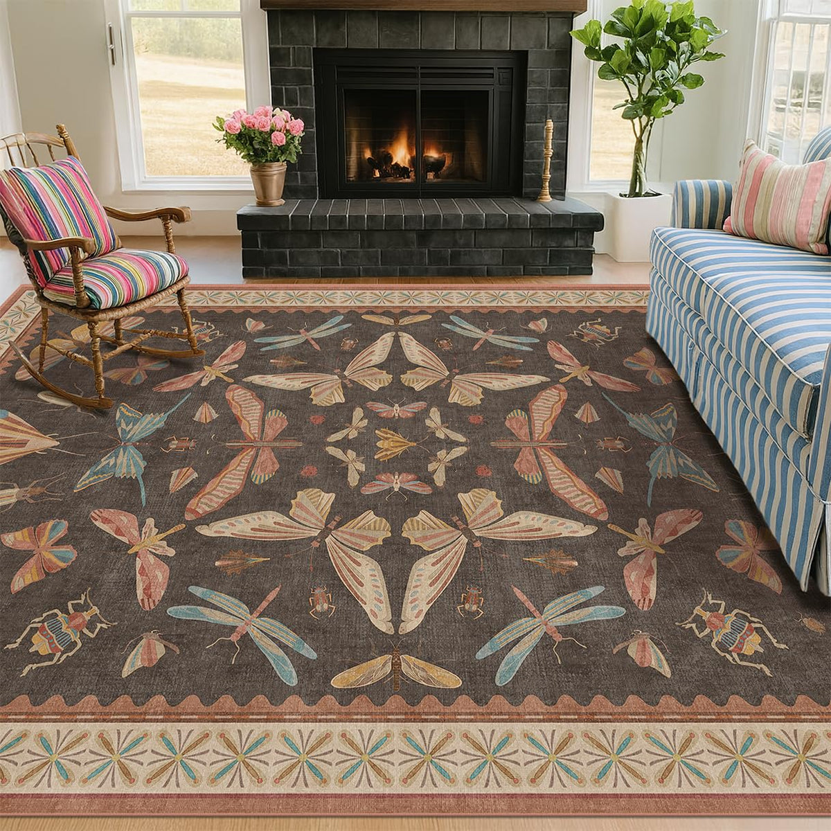 Hazo Haus Dark Green Insect Area Rugs 8x10 for Living Room, Dining Room Under Table, Bedroom, Unique Washable Floral Non Slip Low Pile Soft Rug