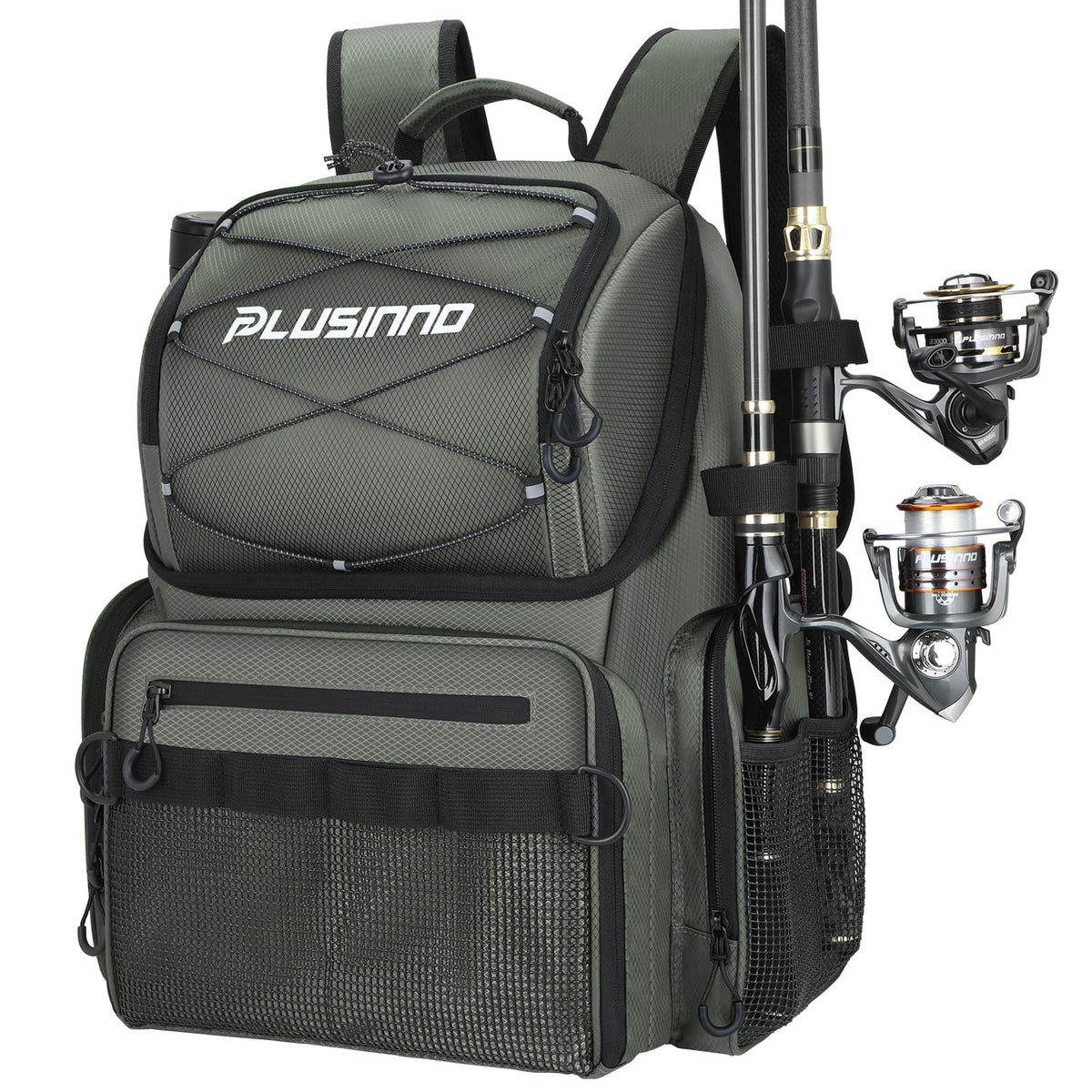 PLUSINNO Cooler Fishing Backpack with Rod Holders 45L Large Water-resistant Fishing Tackle bag Store Fishing Gear Fishing Gifts for Men Father