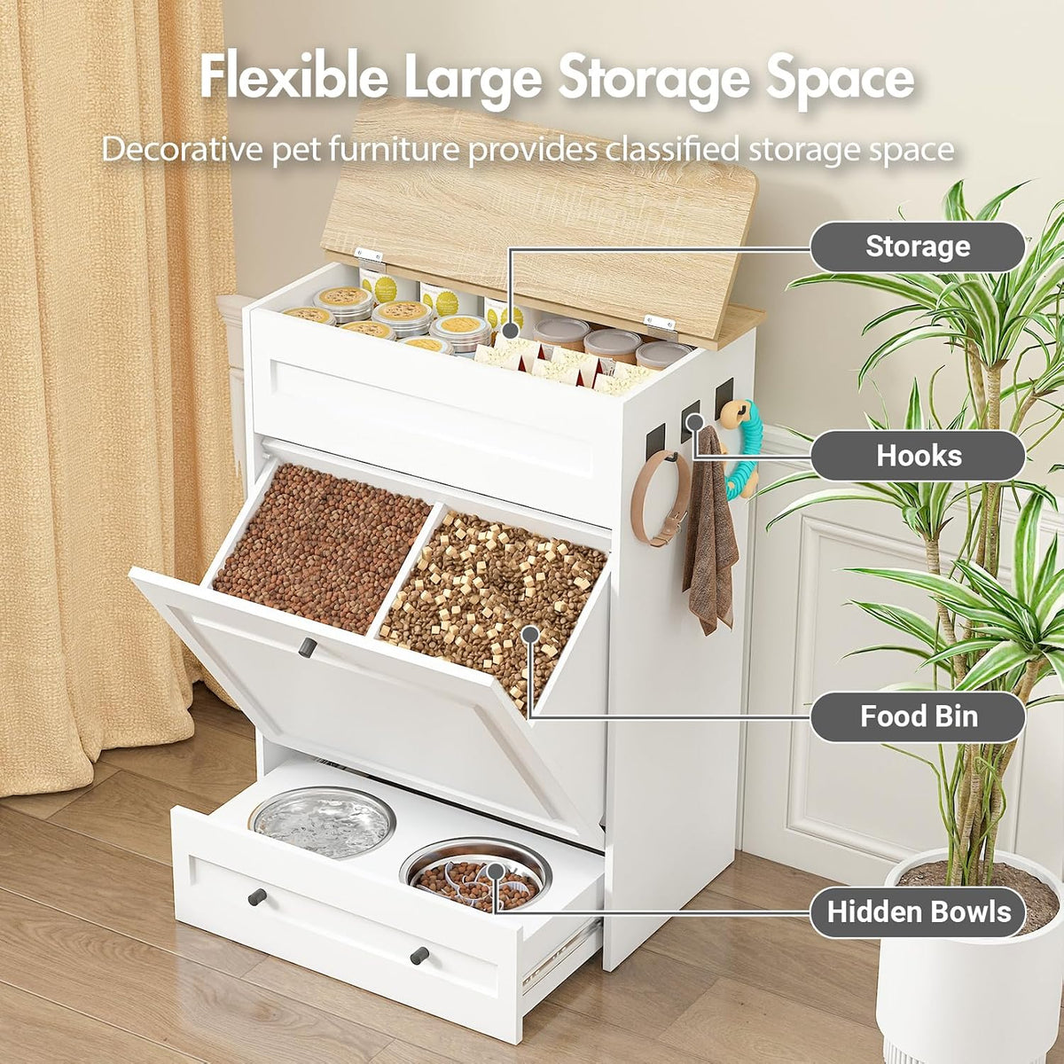 Elevated Dog Feeding Station with Storage, Pull-Out Bowls & Slow Feeder