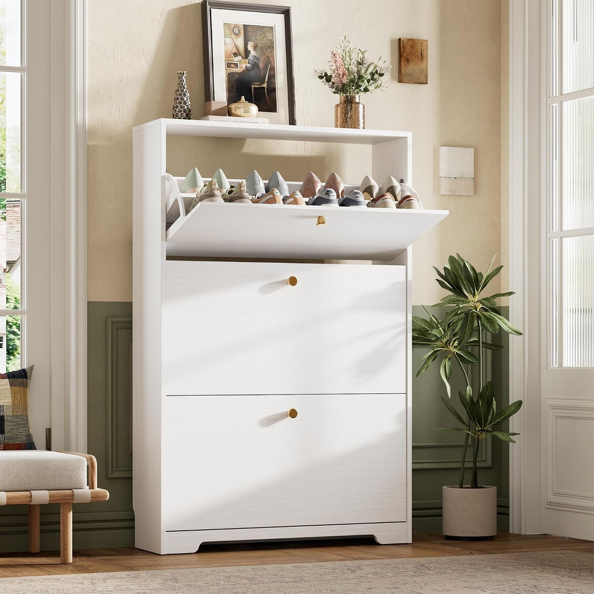 Nicetree Shoe Cabinet with 3 Flip Drawers, Narrow Shoe Organizer Cabinet, Freestanding Shoe Rack Cabinet, Modern Shoe Storage Cabinet for Entryway, Hallway, Foyer, White
