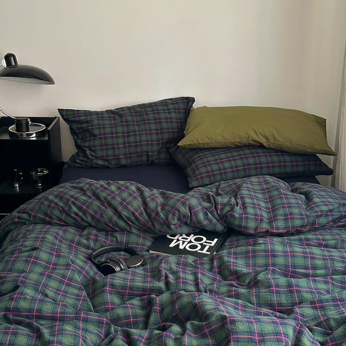 EAVD Vintage Buffalo Plaid Duvet Cover Queen Red&Black&Green Muslin Cotton