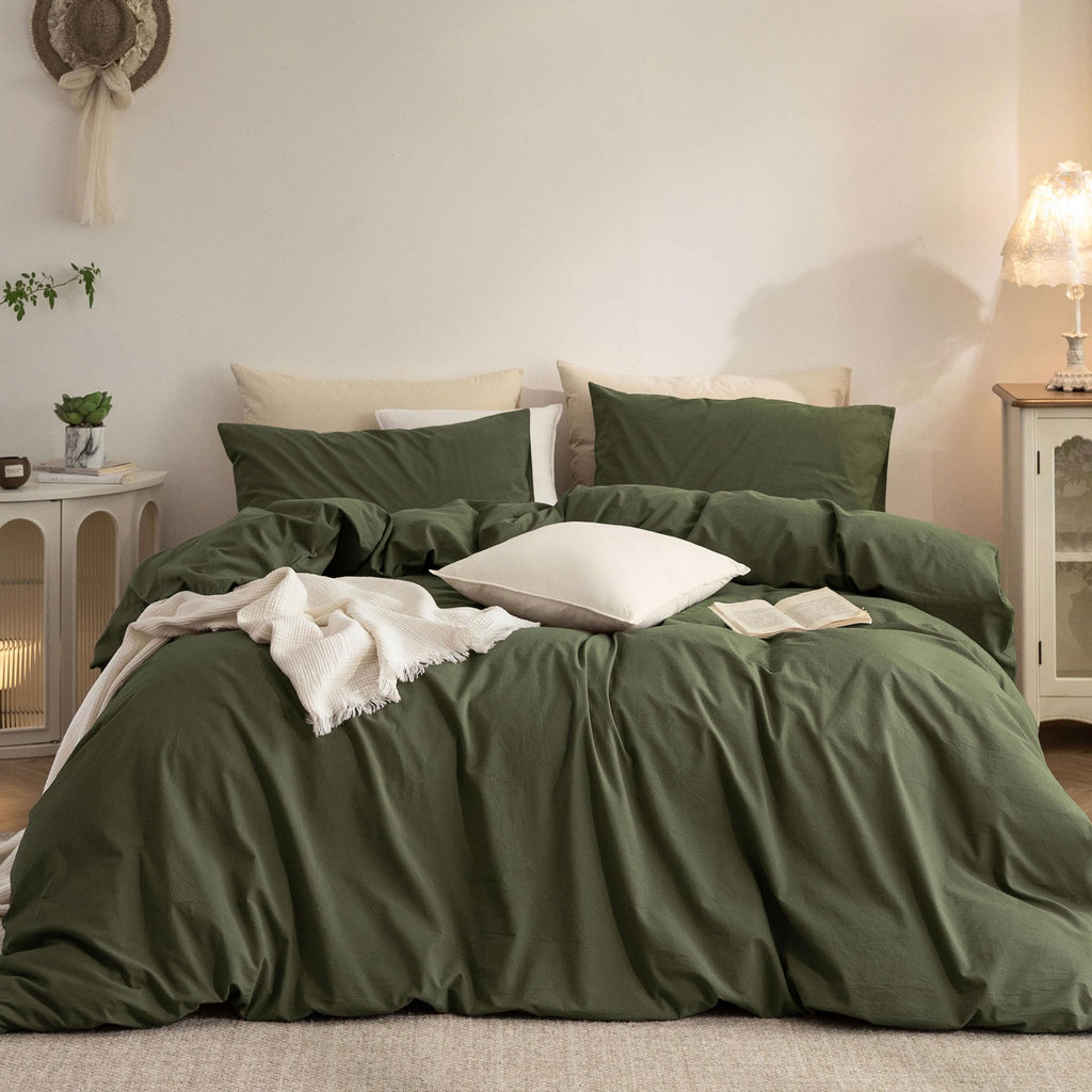 Duvet Cover Set Washed Cotton Embroidered Hem King 3‑Pcs