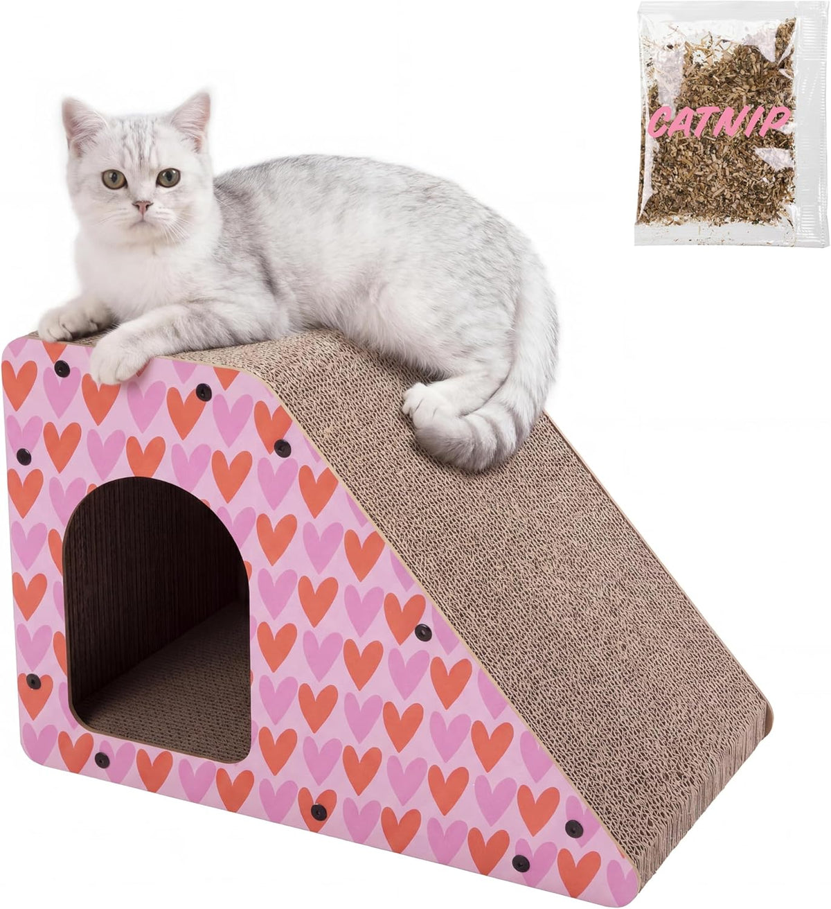 Kento 23.63" Modern Cardboard Cat Cave Scratcher with Catnip, Angled Trapezoid Hideaway House and Scratching Lounge for Indoor Cats, Heart Pattern CSR1008C