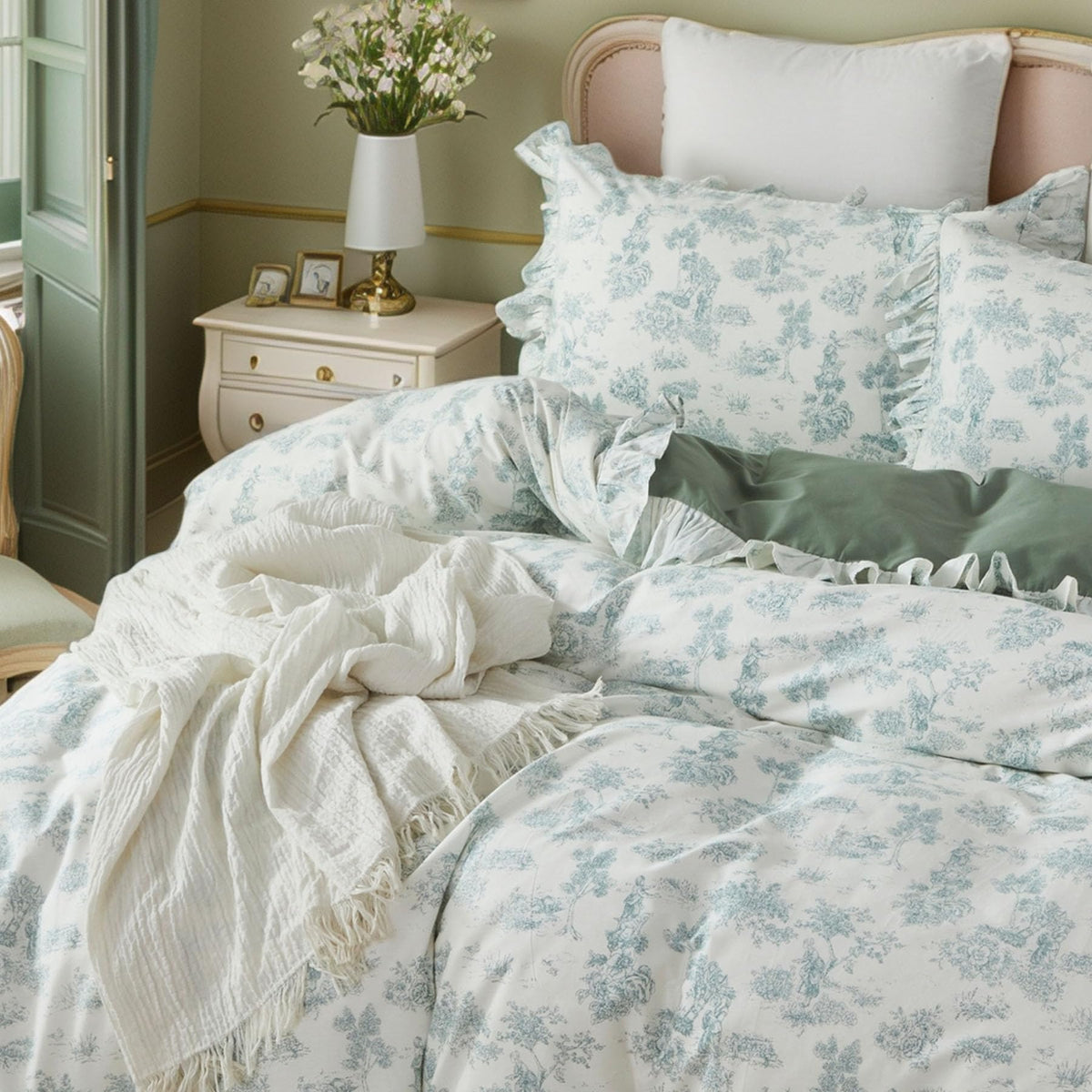 Brandream French Country Toile Queen Duvet Cover Set for Girl Women Bedroom Vintage Pink Toile Floral Print 100% Cotton Duvet Quilt Comforter Cover Pillow Shams Set with Delicate Ruffle Fringe