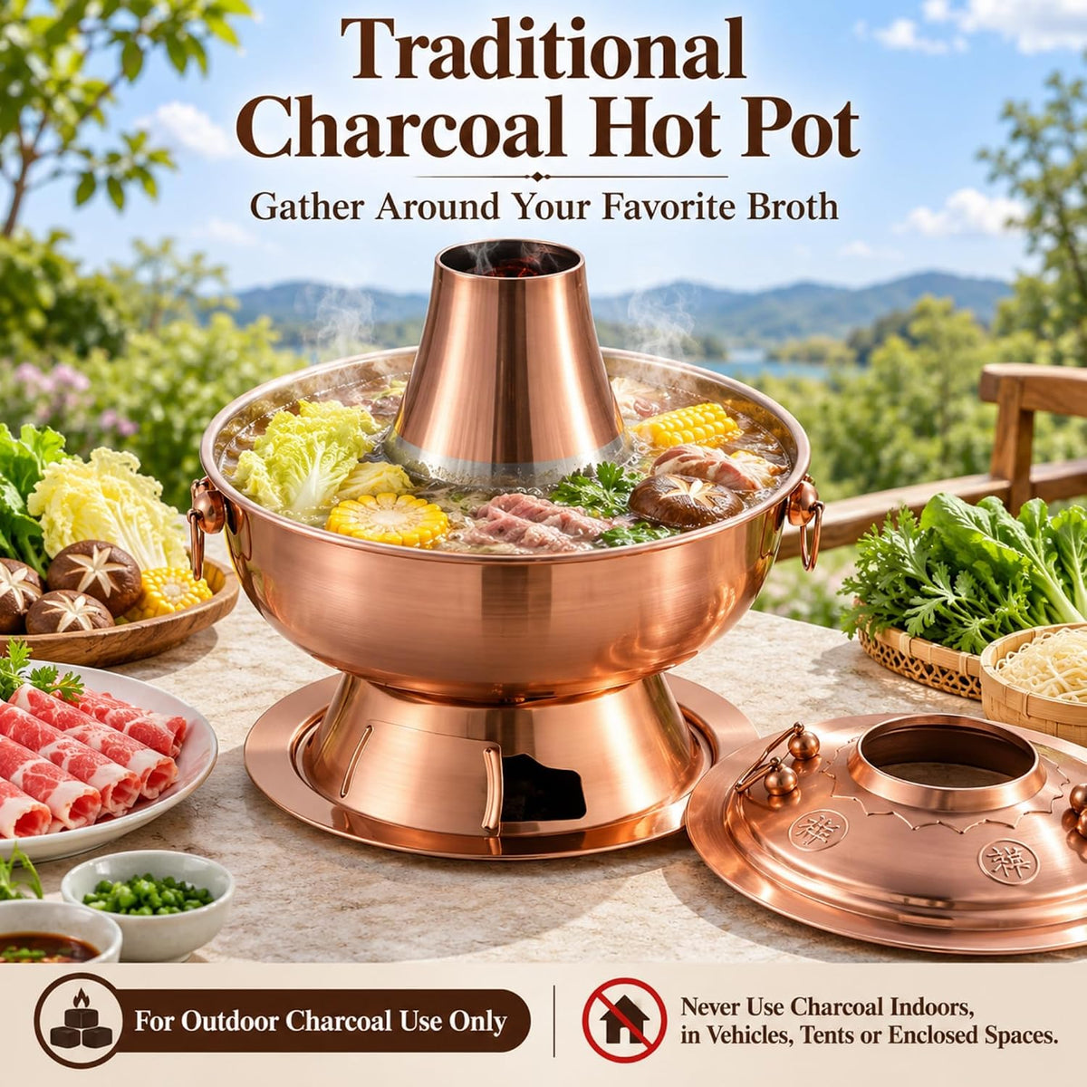 Charcoal Hot Pot, Chinese Charcoal Hot Pot Cooker for Camping (Bronze)