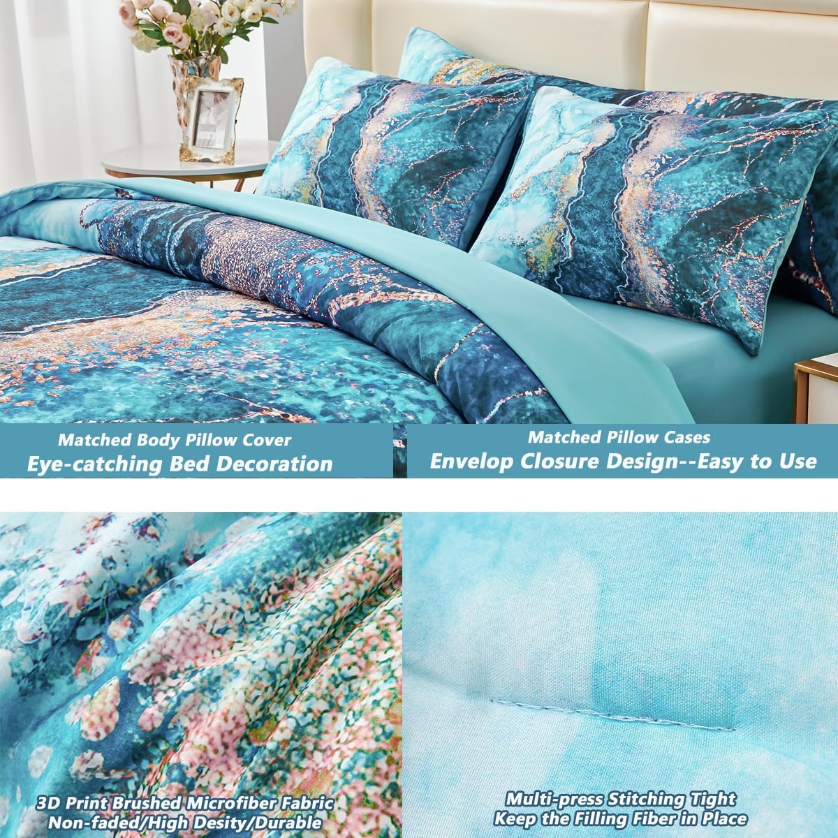 PERFEMET 6 Piece Teal King Size Comforter Set Watercolor Marble Bedding Set