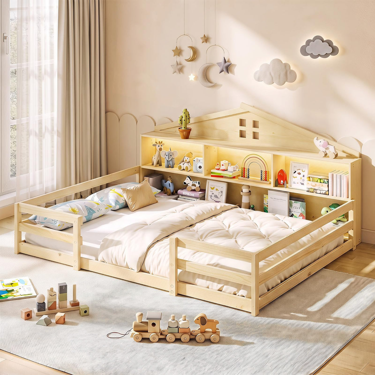 GIANTEX Full Size Floor Bed for Kids, Wooden Montessori Bed Frame with Bookcase, Storage Shelves & Safety Fence Rails, Floor Beds Full for Girls, Boys, No Box Spring Needed, Without Slats, White