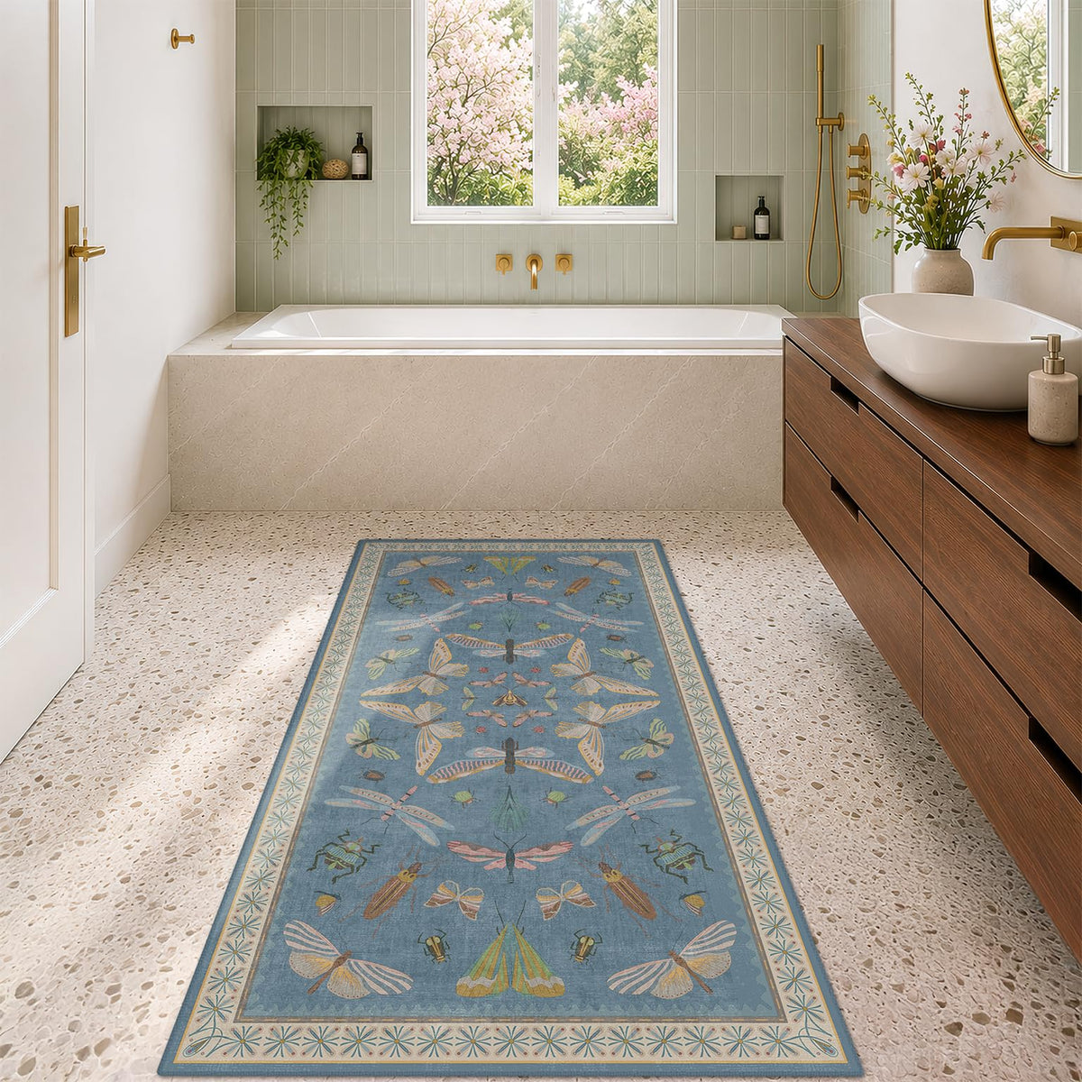 Hazo Haus Dark Green Insect Area Rugs 8x10 for Living Room, Dining Room Under Table, Bedroom, Unique Washable Floral Non Slip Low Pile Soft Rug