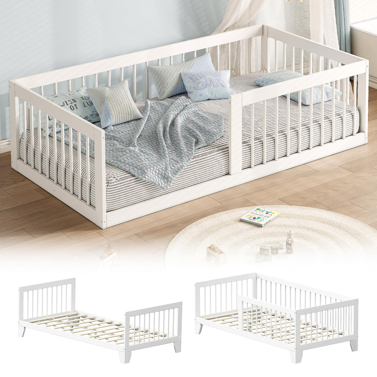 Montessori Toddler Bed, Variable Twin Floor Bed Frame with Removable Guardrails and Legs, Low Wooden Kids Bed with 12 Slats and Supporting keel, Crib-to-Bed Transition for Bedroom or Nursery, White