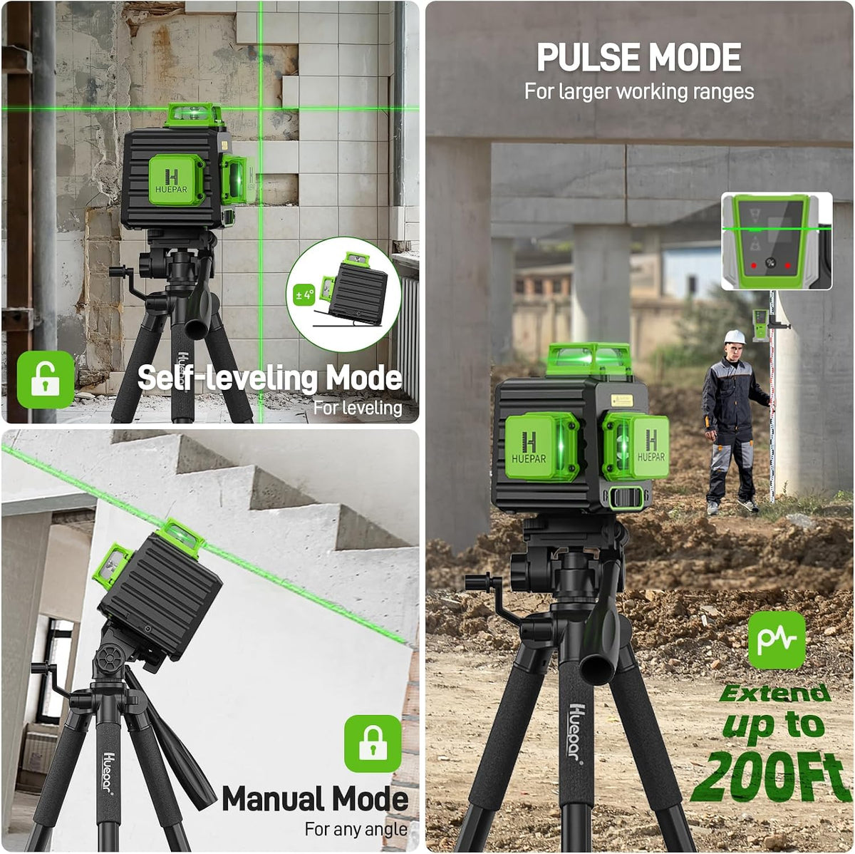 HUEPAR Laser Level 360 Self Leveling with 50" Tripod, 3x360° Laser Leveler