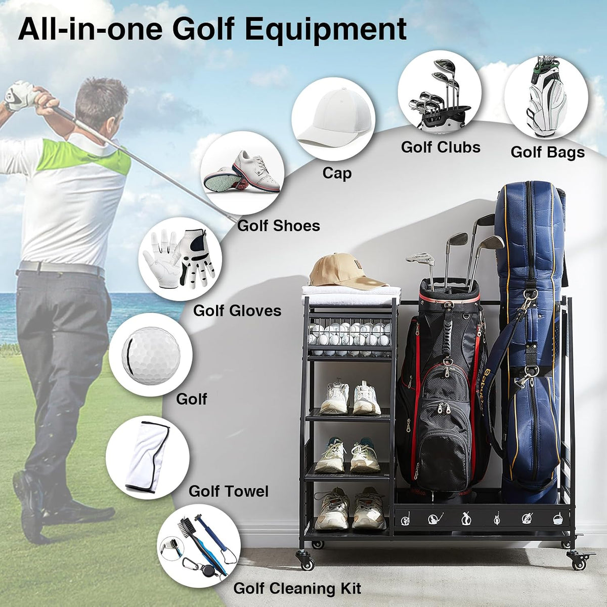 Lauren&Harold Golf Bag Organizer Garage Storage, Golf Storage Rack Stand Fits 2 Golf Bags, Golf Clubs and Other Golfing Equipment Accessories, Golf Organizer for Garage, Club, Shed, Basement