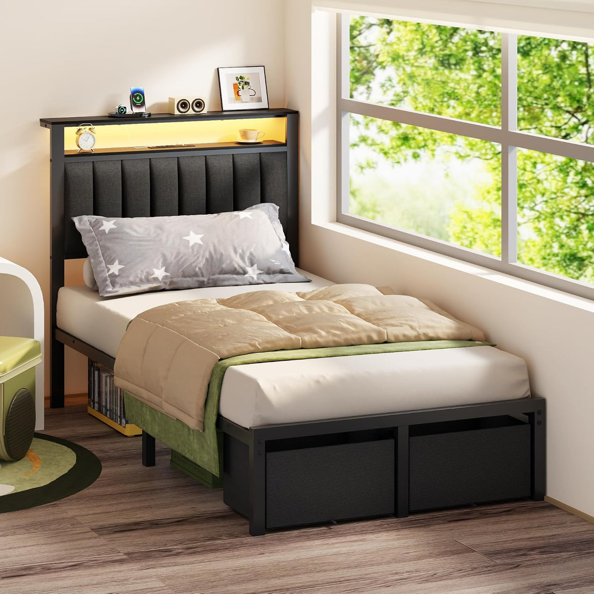 Furnulem Twin Bed Frames with Storage Drawers and Upholstered Headboard