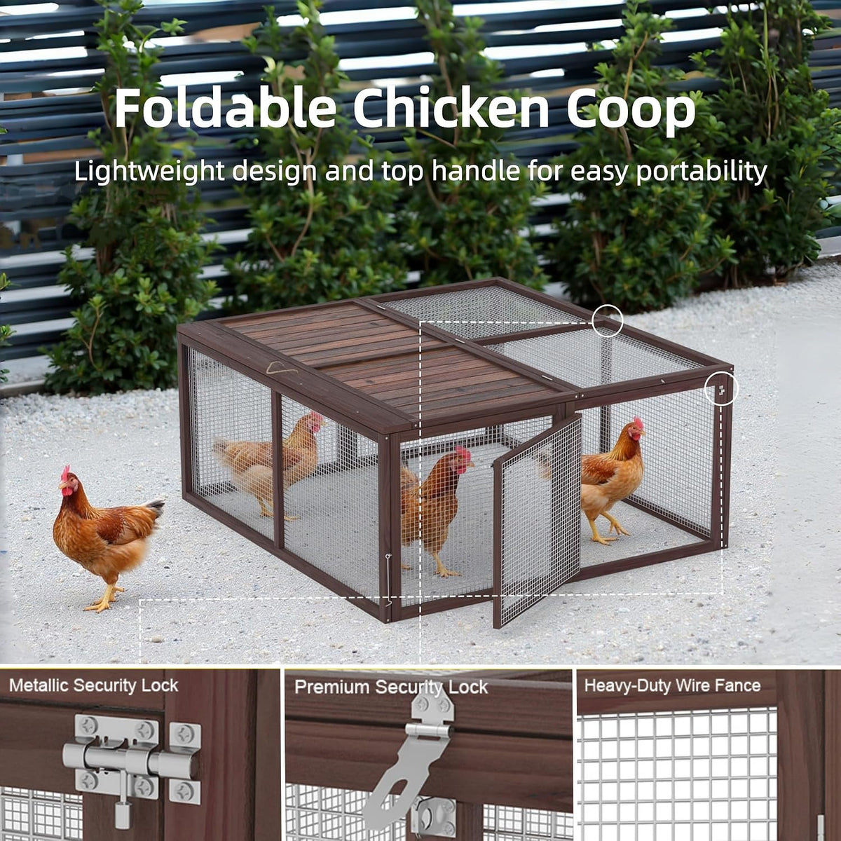 Portable Chicken Run Rabbit Hutch Folding Chicken Cage for Indoor/Outdoor,Top & Side Opening Doors Small Animal Pet Playpen No Assembly Required Poultry Pen 45"x 42"x 20" (Brown)