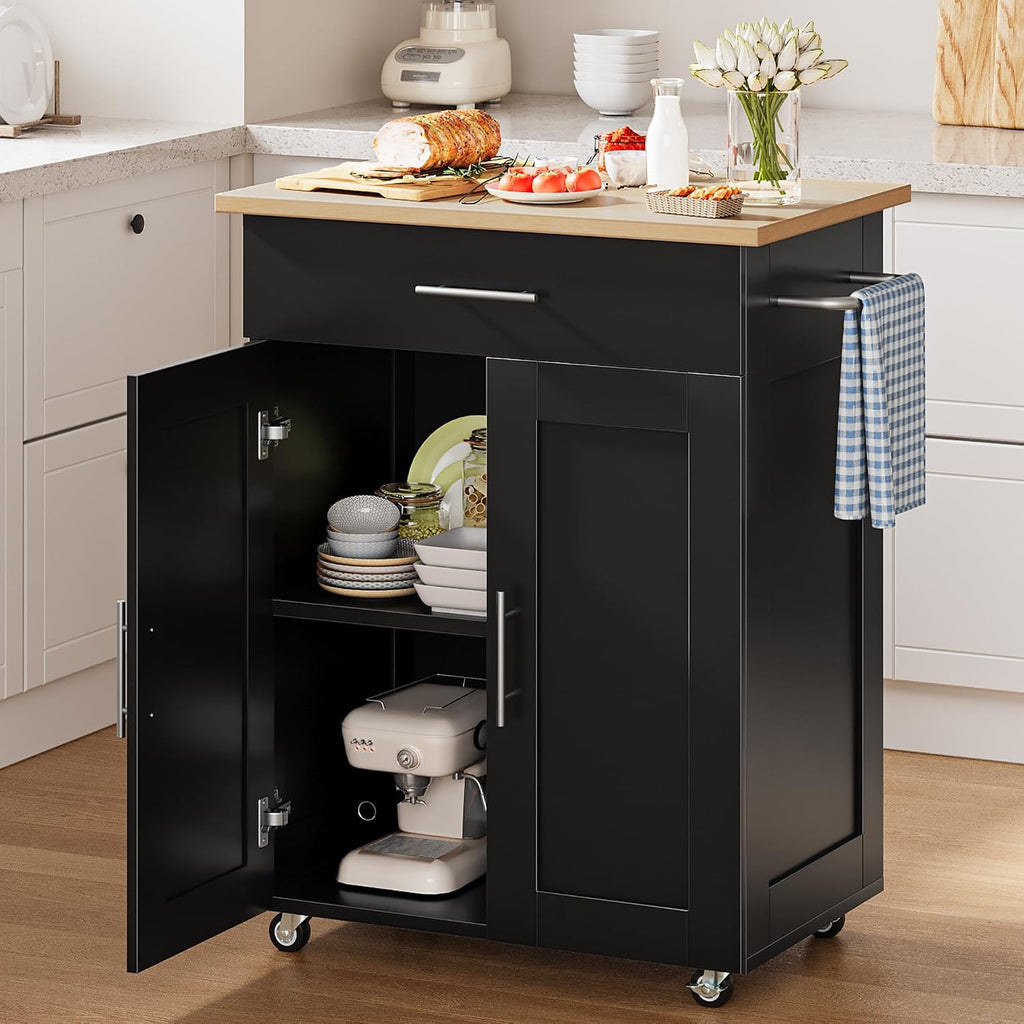 OtterOasis Mobile Kitchen Island on Wheels, Large Drawer, Black