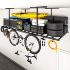 FLEXIMOUNTS 4x8 Overhead Garage Ceiling Storage Rack with 6 Hooks, Black