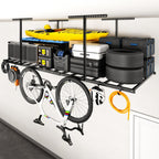 FLEXIMOUNTS 4x8 Overhead Garage Ceiling Storage Rack with 6 Hooks, Black