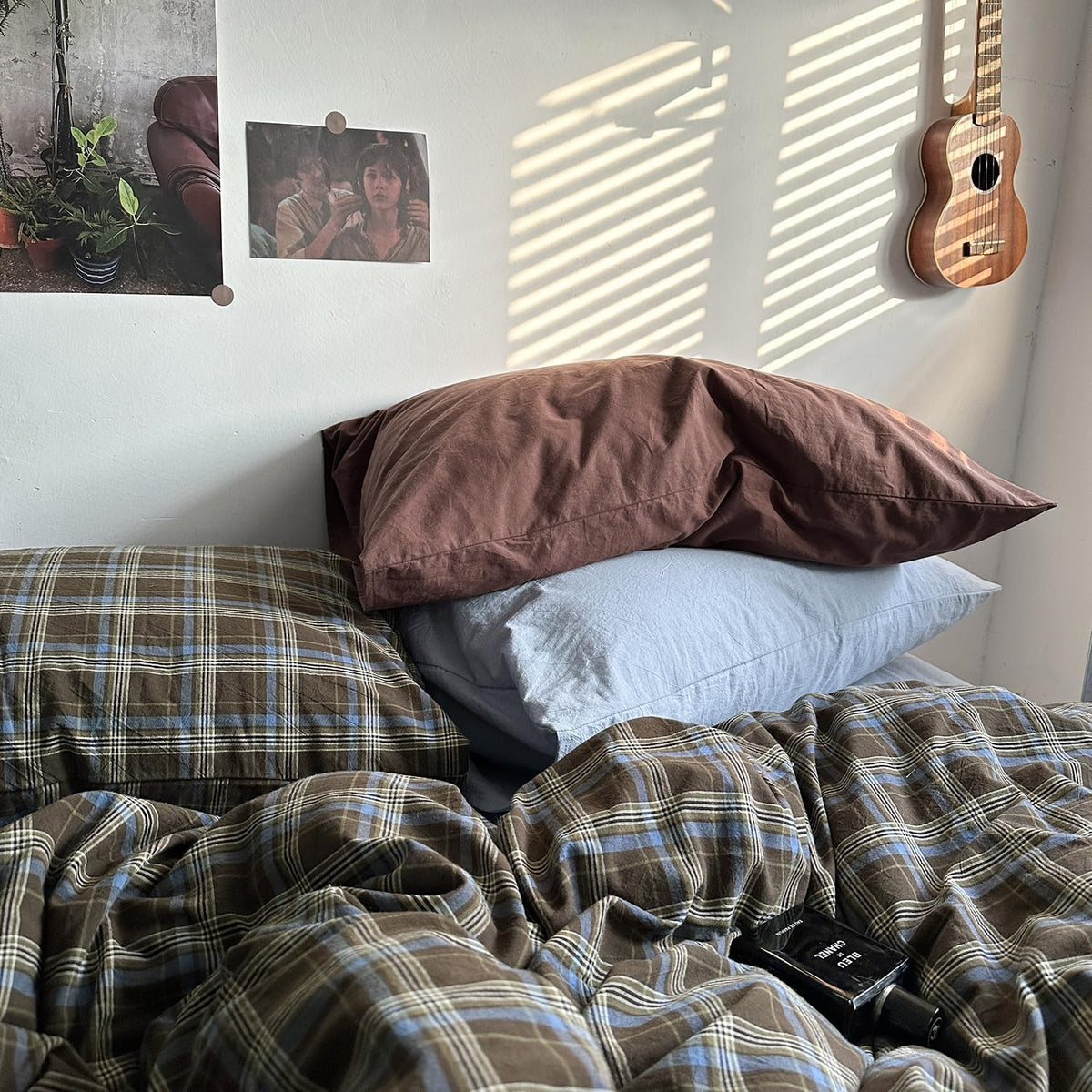 mixinni Vintage Buffalo Plaid Duvet Cover Set Queen Size - 3 Piece Washed Cotton Bedding Set with Grid Pattern, Soft & Breathable Duvet Cover with Pillowcases for All Seasons,(Brown & Blue,Beige)