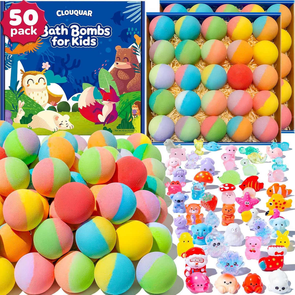 50 Pack Kids Bath Bombs with Surprise Inside, Some Glow-in-The-Dark Toys
