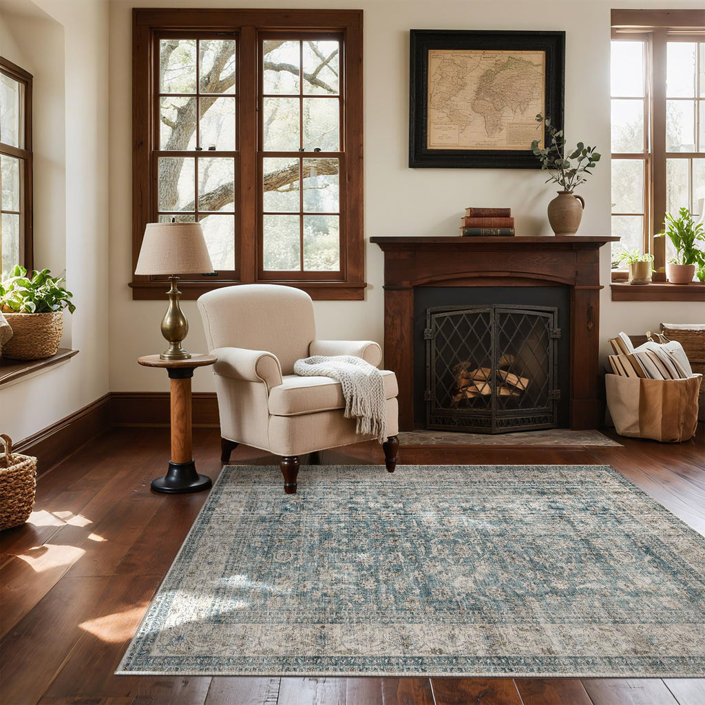Washable Area Rugs for Living Room: 9x12 Bedroom Rug Boho Vintage Area Rug Stain Resistant Non Slip Low Pile Lightweight Soft Carpets for Dining Room Kitchen Nursery Kids Room Playroom Home Office