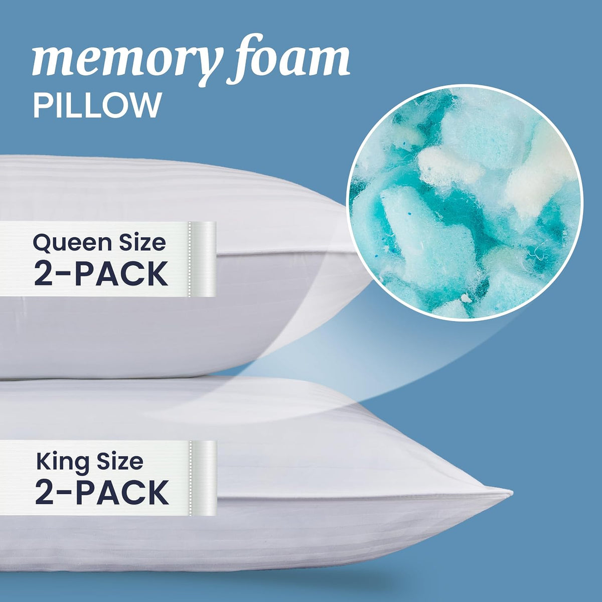 Beckham Hotel Collection King Size Memory Foam (Adjustable Fill) Bed Pillows Set of 2 - Cooling Shredded Foam Pillow for Back, Stomach or Side Sleepers
