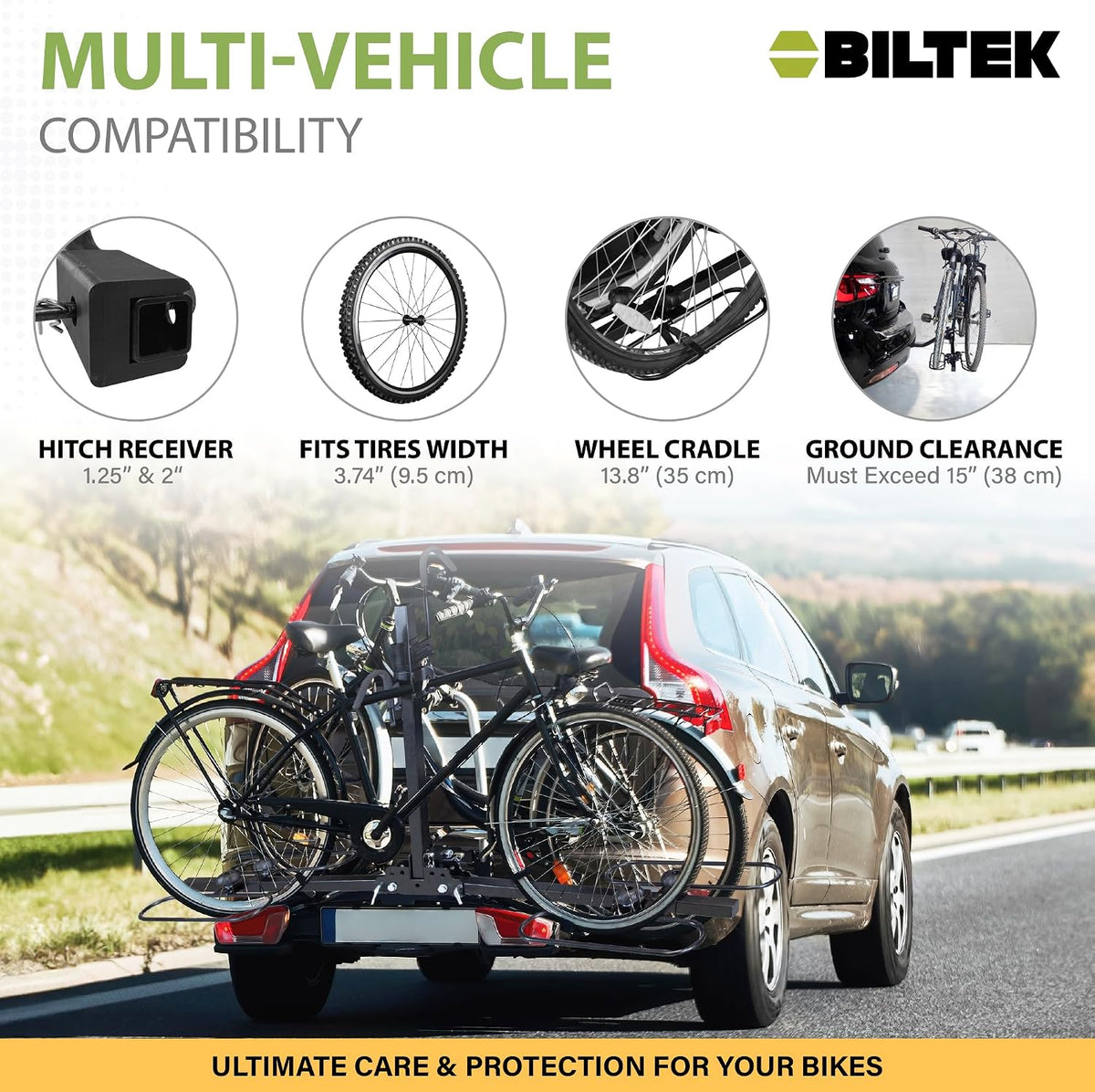 Biltek Hitch Bike Rack, 90 lbs (40 kg) Capacity, Car Bike Rack for 2 Bikes, Tiltable & Foldable, Fits 1.25" & 2" Hitch, Includes 6 Extra Straps, 2 Bike Rack for SUV, Cars, Truck, Minivan & Sedan
