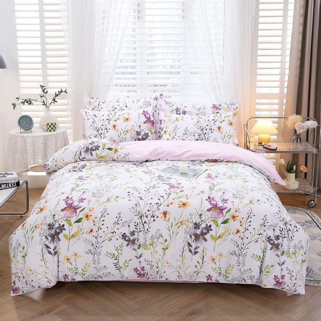 URBONUR 100% Cotton Floral Queen Duvet Cover Set 3-Pieces Botanical Bedding
