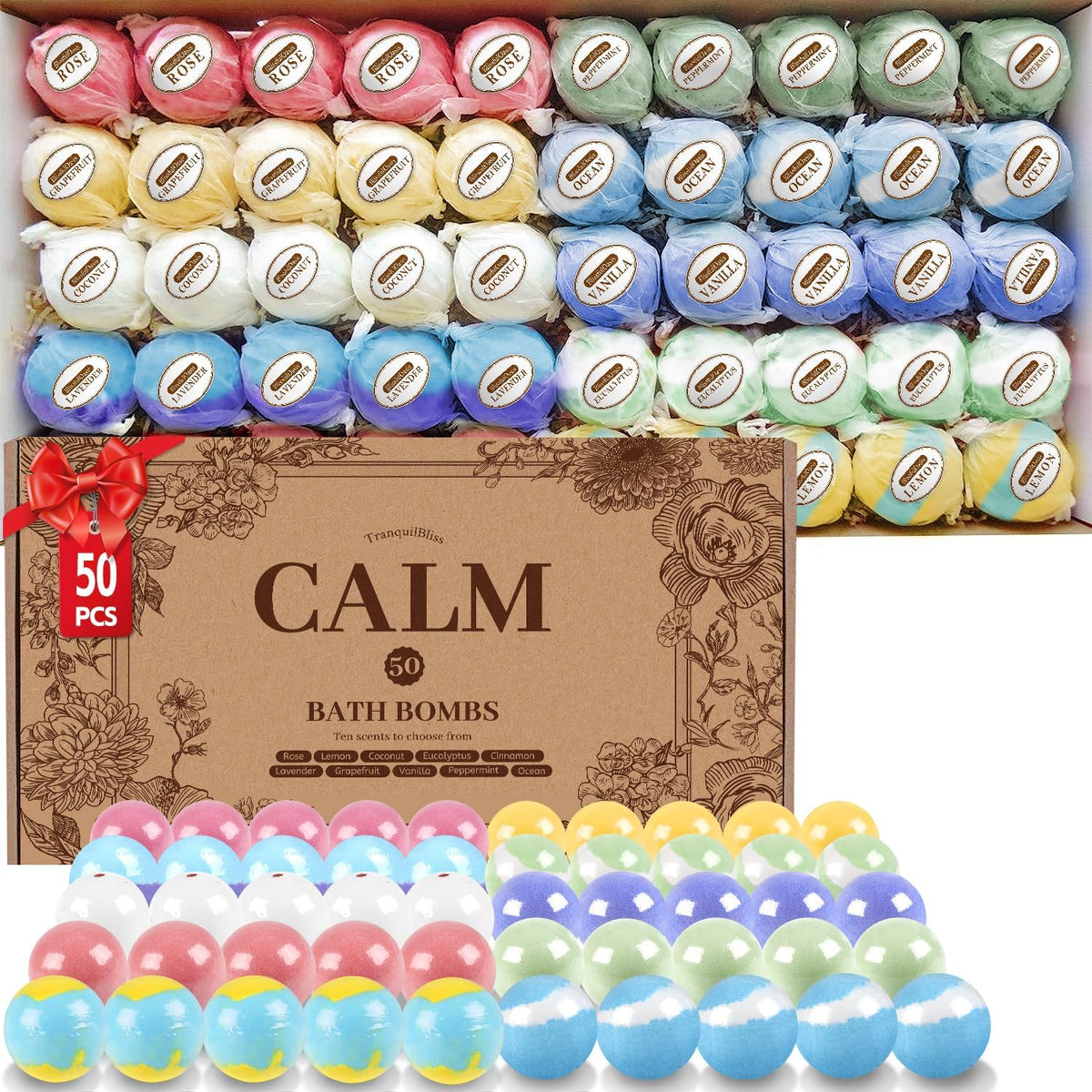 TranquilBliss Bath Bombs Set 50 PCS with 10 Scents, Natural Bathbombs, Blue